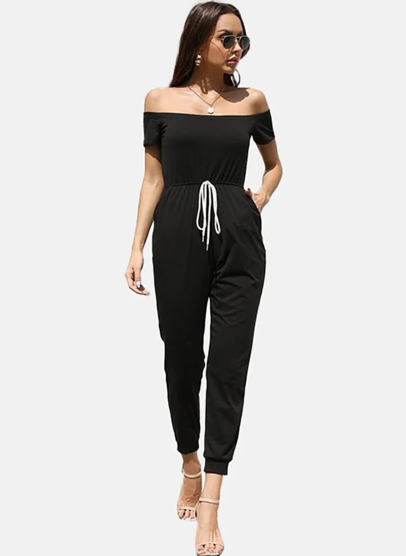 YUNIQEE Black Solid Slim Fit Off-shoulder Jumpsuit