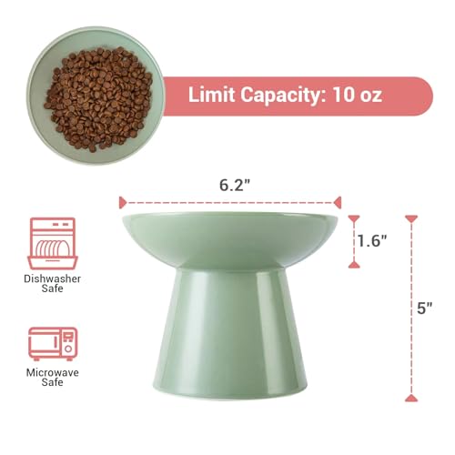 CEEFU Extra Wide Elevated Ceramic Cat Bowl, 6.2" Shallow Dish for Whisker Fatigue Relief, 5" Height for Easy Feeding, Durable Raised Cat Food Bowls, Pack of 2, Sage Green - Image 2