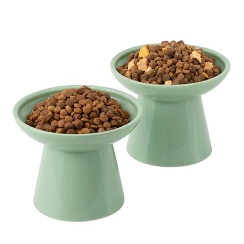CEEFU Extra Wide Elevated Ceramic Cat Bowl, 6.2" Shallow Dish for Whisker Fatigue Relief, 5" Height for Easy Feeding, Durable Raised Cat Food Bowls, Pack of 2, Sage Green - Image 1