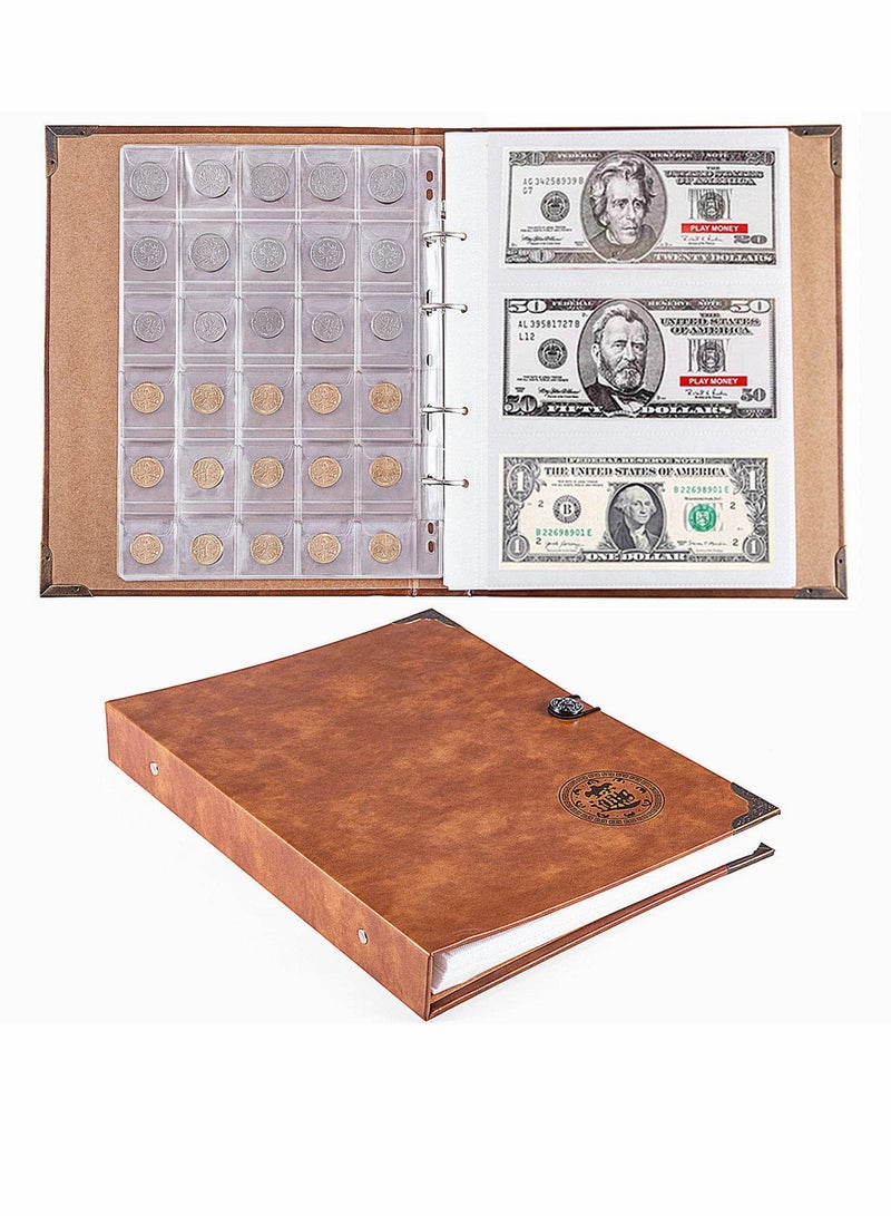 SYOSI Coin Collecting Holder Album, with 150 Coin Pockets and 240 Paper Currency Pockets, Paper Money Currency PU Leather Pockets Collection Supplies Holders - Image 1