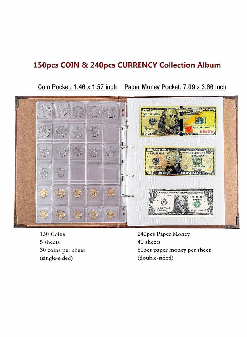 SYOSI Coin Collecting Holder Album, with 150 Coin Pockets and 240 Paper Currency Pockets, Paper Money Currency PU Leather Pockets Collection Supplies Holders - Image 3
