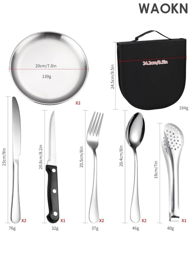 دبليو أيه أو كي أن مجموعة أدوات مائدة خارجية محمولة من 10 قطع من الفولاذ المقاوم للصدأ للتخييم والنزهات ومشبك شرائح اللحم للمشي لمسافات طويلة ومطبخ المخيم مع سكين وشوكة وملعقة وطبق ومشبك شرائح اللحم - Image 3