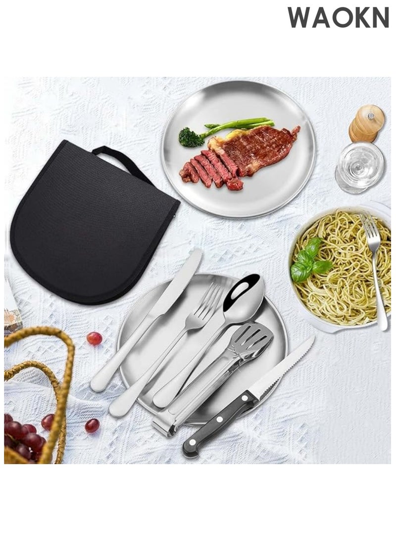 دبليو أيه أو كي أن مجموعة أدوات مائدة خارجية محمولة من 10 قطع من الفولاذ المقاوم للصدأ للتخييم والنزهات ومشبك شرائح اللحم للمشي لمسافات طويلة ومطبخ المخيم مع سكين وشوكة وملعقة وطبق ومشبك شرائح اللحم - Image 2