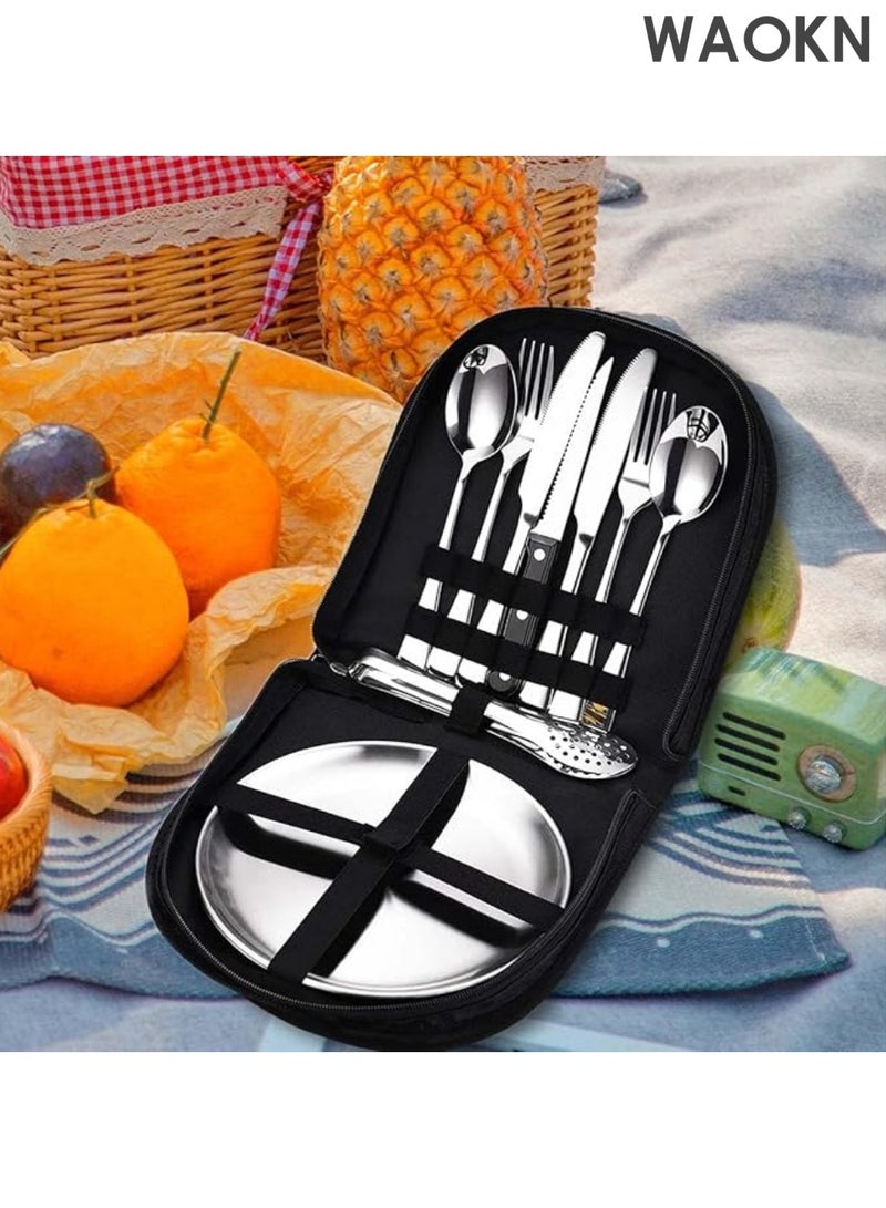 دبليو أيه أو كي أن مجموعة أدوات مائدة خارجية محمولة من 10 قطع من الفولاذ المقاوم للصدأ للتخييم والنزهات ومشبك شرائح اللحم للمشي لمسافات طويلة ومطبخ المخيم مع سكين وشوكة وملعقة وطبق ومشبك شرائح اللحم - Image 5