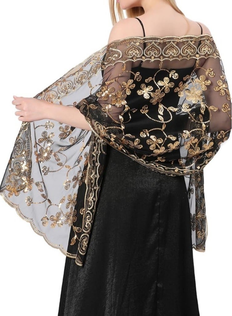 Captaintech Ladies 1920s Shawl and Wrap Sparkling Sequin Beaded for Evening Party Dress Wedding Scarf Women Bride, Wraps Bridal Capelet Cape Deco Bolero Flapper Cover Up - Image 1