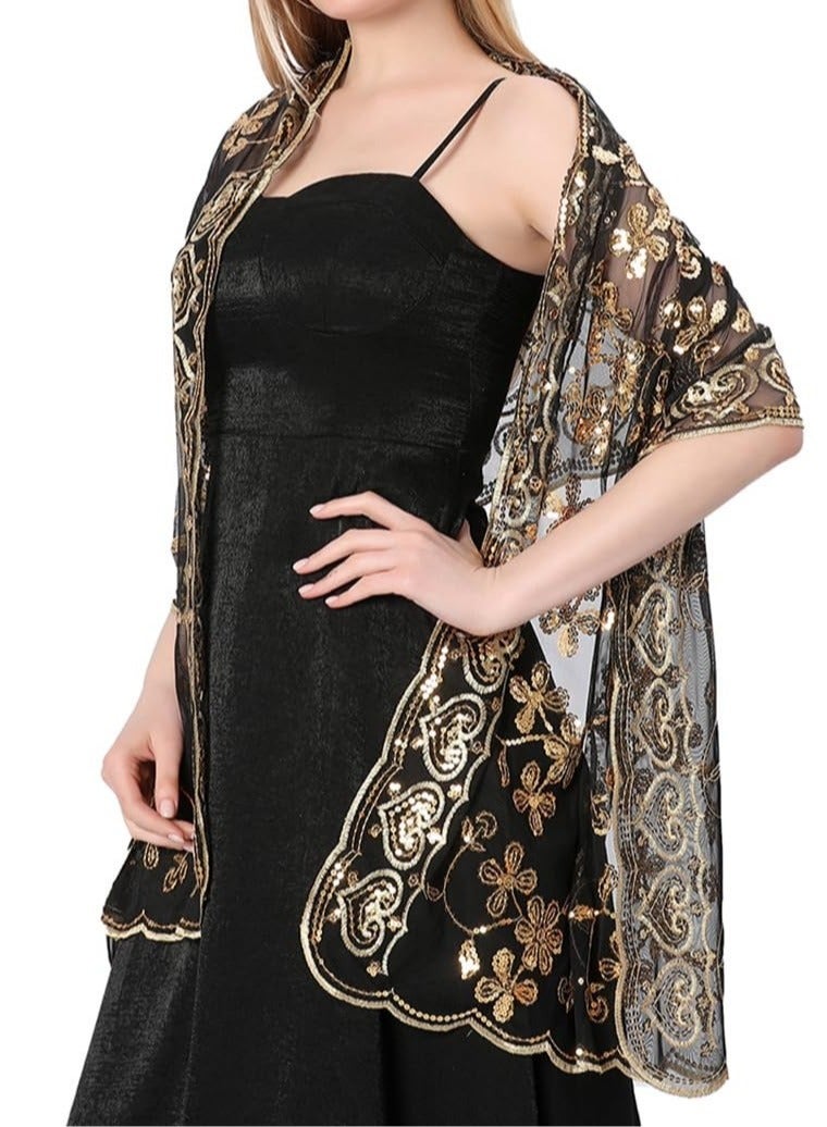 Captaintech Ladies 1920s Shawl and Wrap Sparkling Sequin Beaded for Evening Party Dress Wedding Scarf Women Bride, Wraps Bridal Capelet Cape Deco Bolero Flapper Cover Up - Image 2