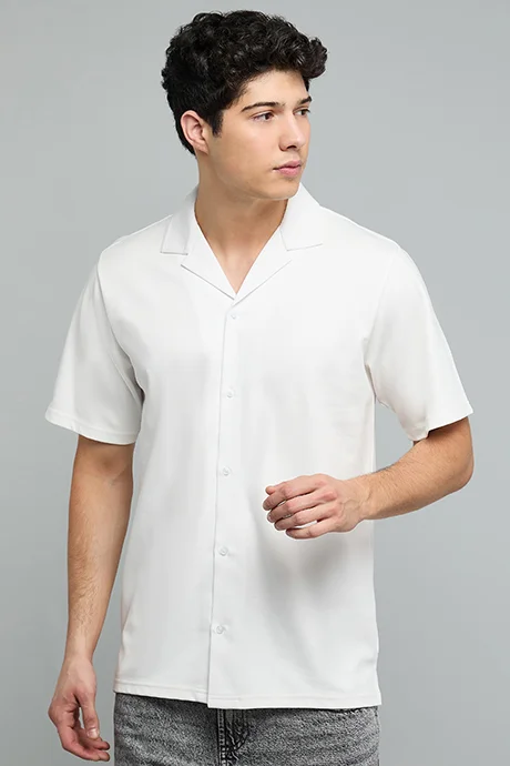 أر أند بي Textured Shirt with Revere Collar and Short Sleeves