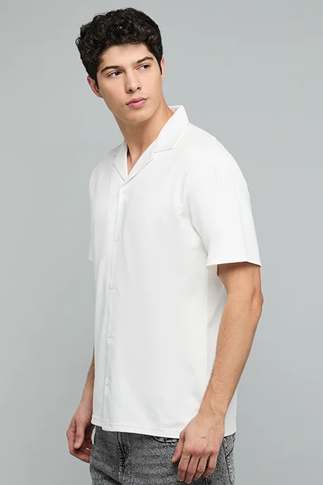 أر أند بي Textured Shirt with Revere Collar and Short Sleeves