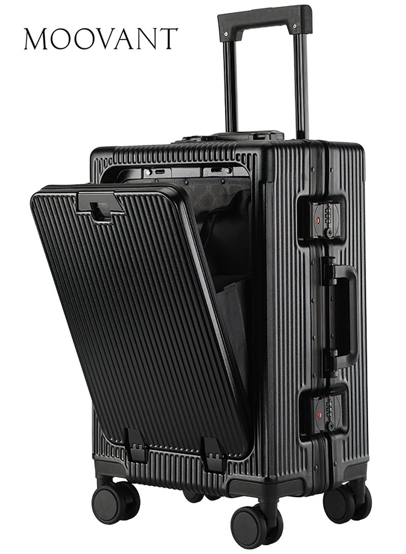 Moovant 20inch Fashion Travel Luggage Suitcase, Carry-On Luggage, Front Opening, with USB Charging Port and Cup Holder, Digital Combination Lock, Trolley Phone Stand, ABS+PC Material, Black - Image 1
