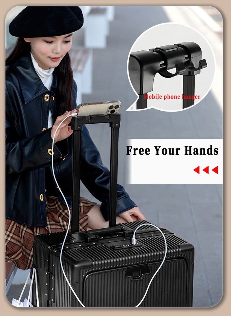 Moovant 20inch Fashion Travel Luggage Suitcase, Carry-On Luggage, Front Opening, with USB Charging Port and Cup Holder, Digital Combination Lock, Trolley Phone Stand, ABS+PC Material, Black - Image 5