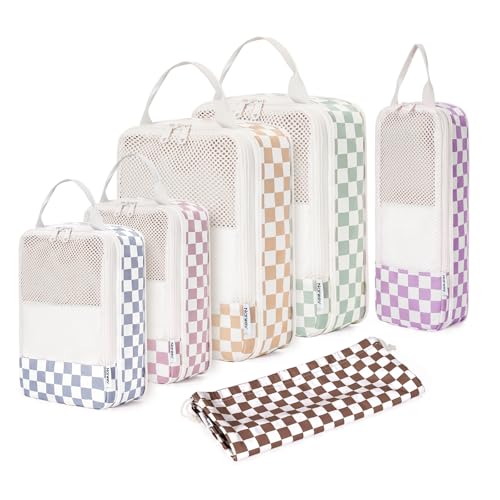 Narwey 6 Set Checkered Compression Packing Cubes for Travel Women Kids Carry on, Cute Packing Organizers Bag for Luggage Suitcase Backpack Duffle Bags (Combined Checkered) - Image 1
