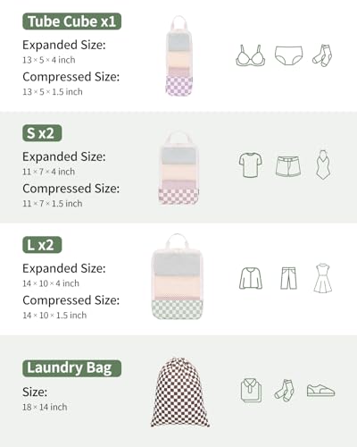 Narwey 6 Set Checkered Compression Packing Cubes for Travel Women Kids Carry on, Cute Packing Organizers Bag for Luggage Suitcase Backpack Duffle Bags (Combined Checkered) - Image 4