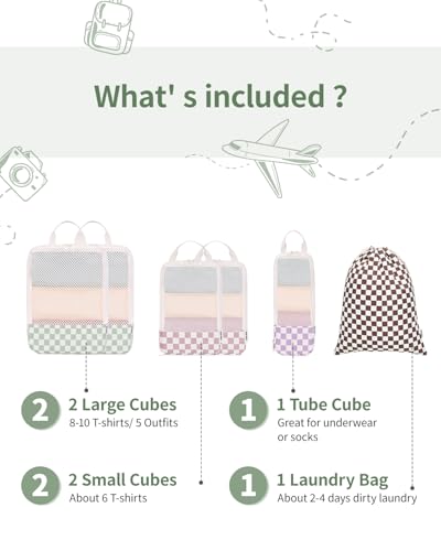 Narwey 6 Set Checkered Compression Packing Cubes for Travel Women Kids Carry on, Cute Packing Organizers Bag for Luggage Suitcase Backpack Duffle Bags (Combined Checkered) - Image 3