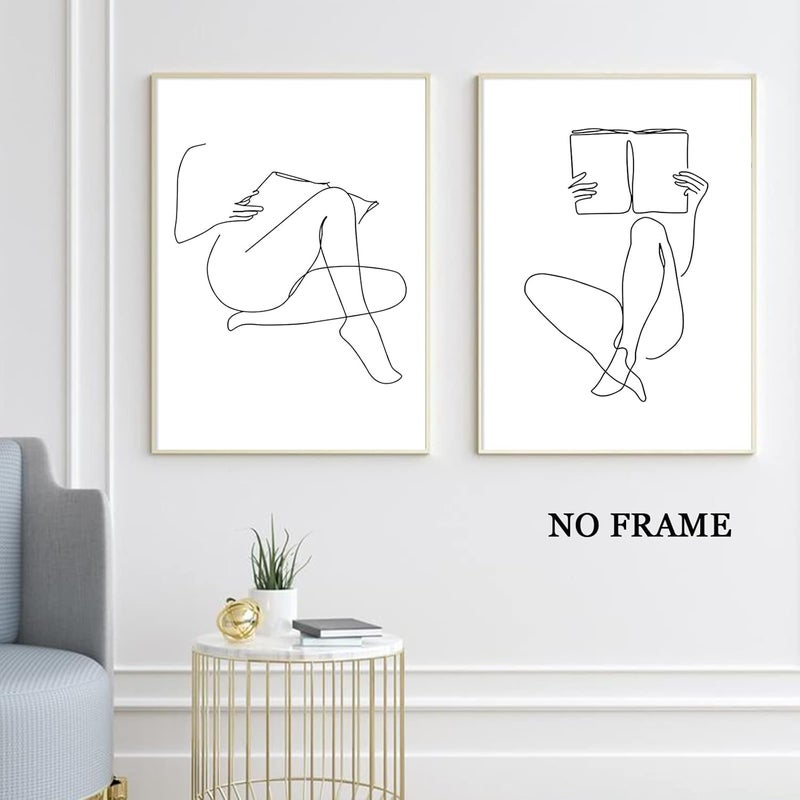Wallvelart Woman Reading Canvas Wall Art Black and White Pictures Minimalist Line Art Prints Women Silhouette Painting Coffee Cup Poster Reading Room Artwork Minimalist Women Silhouette Art 16x24inchx3 No Frame - Image 3