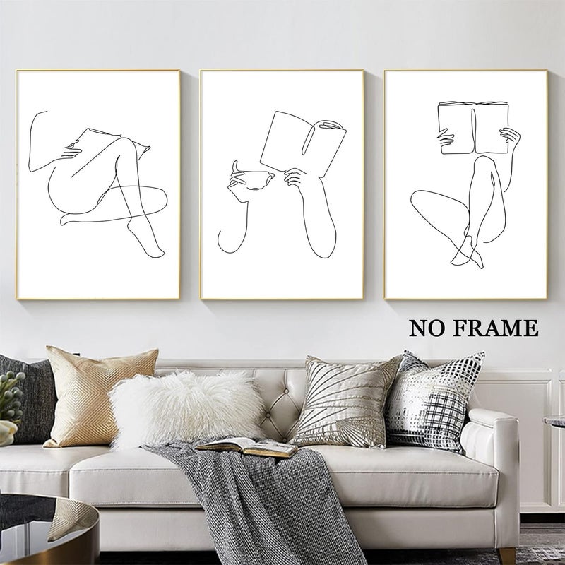 Wallvelart Woman Reading Canvas Wall Art Black and White Pictures Minimalist Line Art Prints Women Silhouette Painting Coffee Cup Poster Reading Room Artwork Minimalist Women Silhouette Art 16x24inchx3 No Frame - Image 2