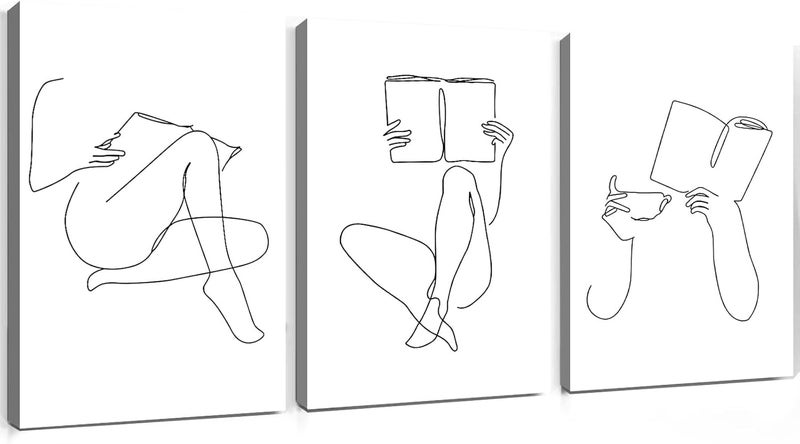 Wallvelart Woman Reading Canvas Wall Art Black and White Pictures Minimalist Line Art Prints Women Silhouette Painting Coffee Cup Poster Reading Room Artwork Minimalist Women Silhouette Art 16x24inchx3 No Frame - Image 1