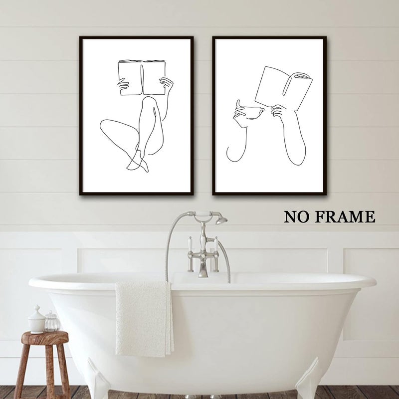 Wallvelart Woman Reading Canvas Wall Art Black and White Pictures Minimalist Line Art Prints Women Silhouette Painting Coffee Cup Poster Reading Room Artwork Minimalist Women Silhouette Art 16x24inchx3 No Frame - Image 5
