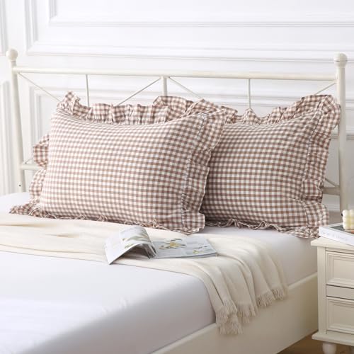 Silnuo Taupe/White Plaid Pillow Shams King Size Set of 2, Washed Cotton Shabby Checkered Gingham Bed Pillow Covers 20"x36" - Image 2