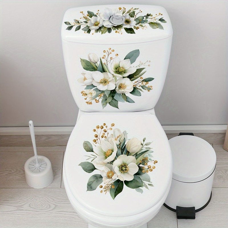 Light Luxury White Floral Toilet Sticker Self Adhesive PVC Creative Bathroom Decal for Rental Homes Guesthouse Refresh Beautiful Print - Image 2