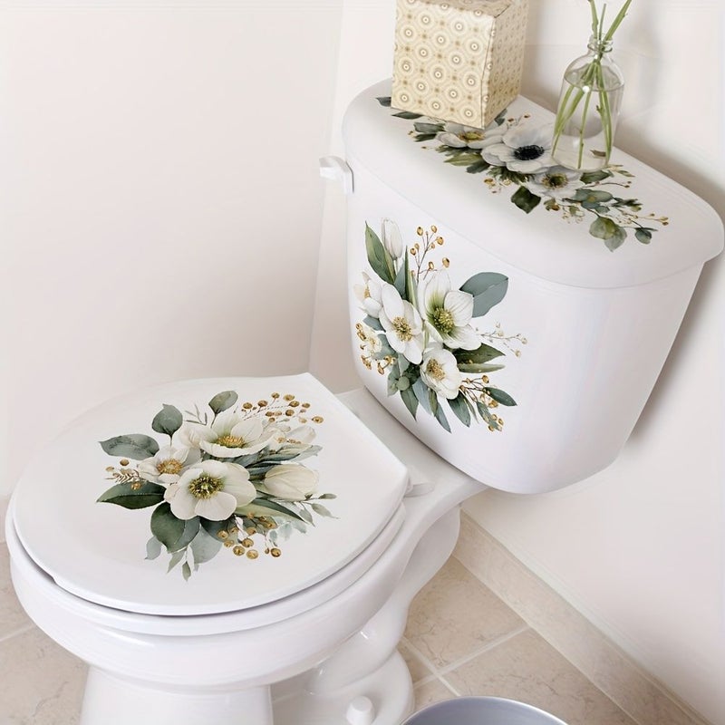 Light Luxury White Floral Toilet Sticker Self Adhesive PVC Creative Bathroom Decal for Rental Homes Guesthouse Refresh Beautiful Print - Image 1