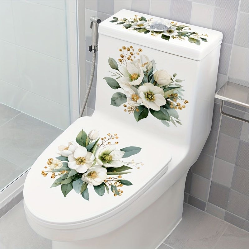 Light Luxury White Floral Toilet Sticker Self Adhesive PVC Creative Bathroom Decal for Rental Homes Guesthouse Refresh Beautiful Print - Image 4