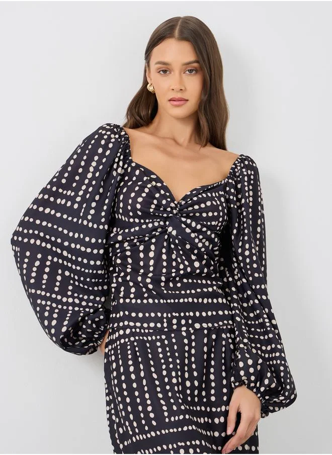 ستايلي Styli Printed Balloon Sleeve V-Neck Top