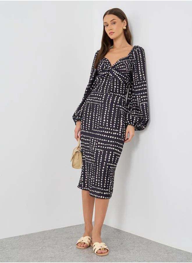 ستايلي Styli Printed Balloon Sleeve V-Neck Top
