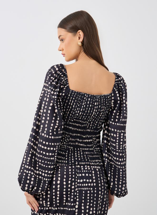 Styli Printed Balloon Sleeve V-Neck Top - Image 4