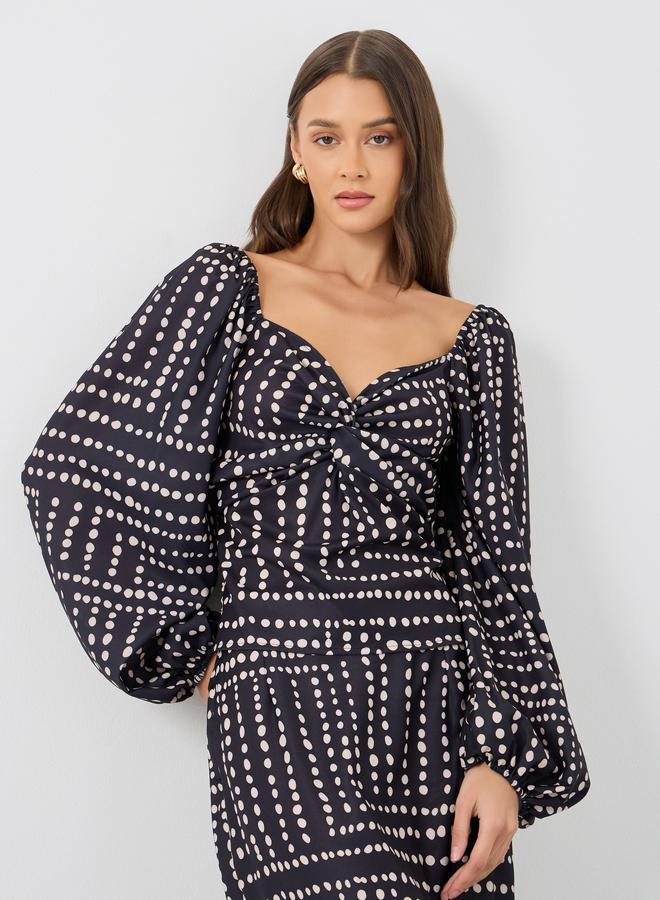 Styli Printed Balloon Sleeve V-Neck Top - Image 1