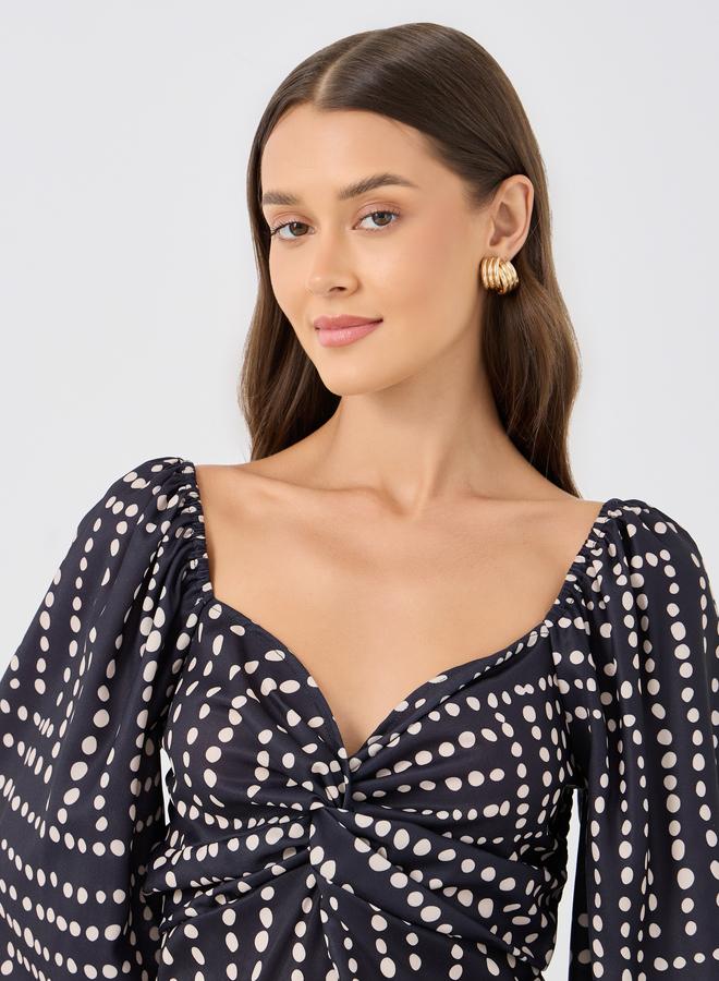 Styli Printed Balloon Sleeve V-Neck Top - Image 3