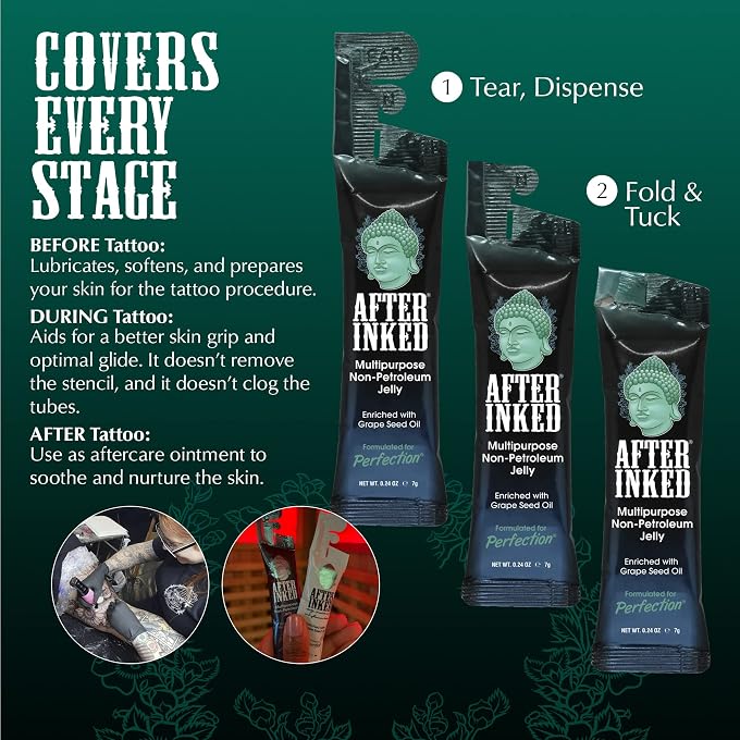 After Inked Tattoo Aftercare Non-Petroleum Jelly - With Grape Seed Oil, Essential for Tattoo Kit, PMU & Piercing Aftercare - Multipurpose Ointment - 7g Reclosable Packet (3-Pack) - Image 2