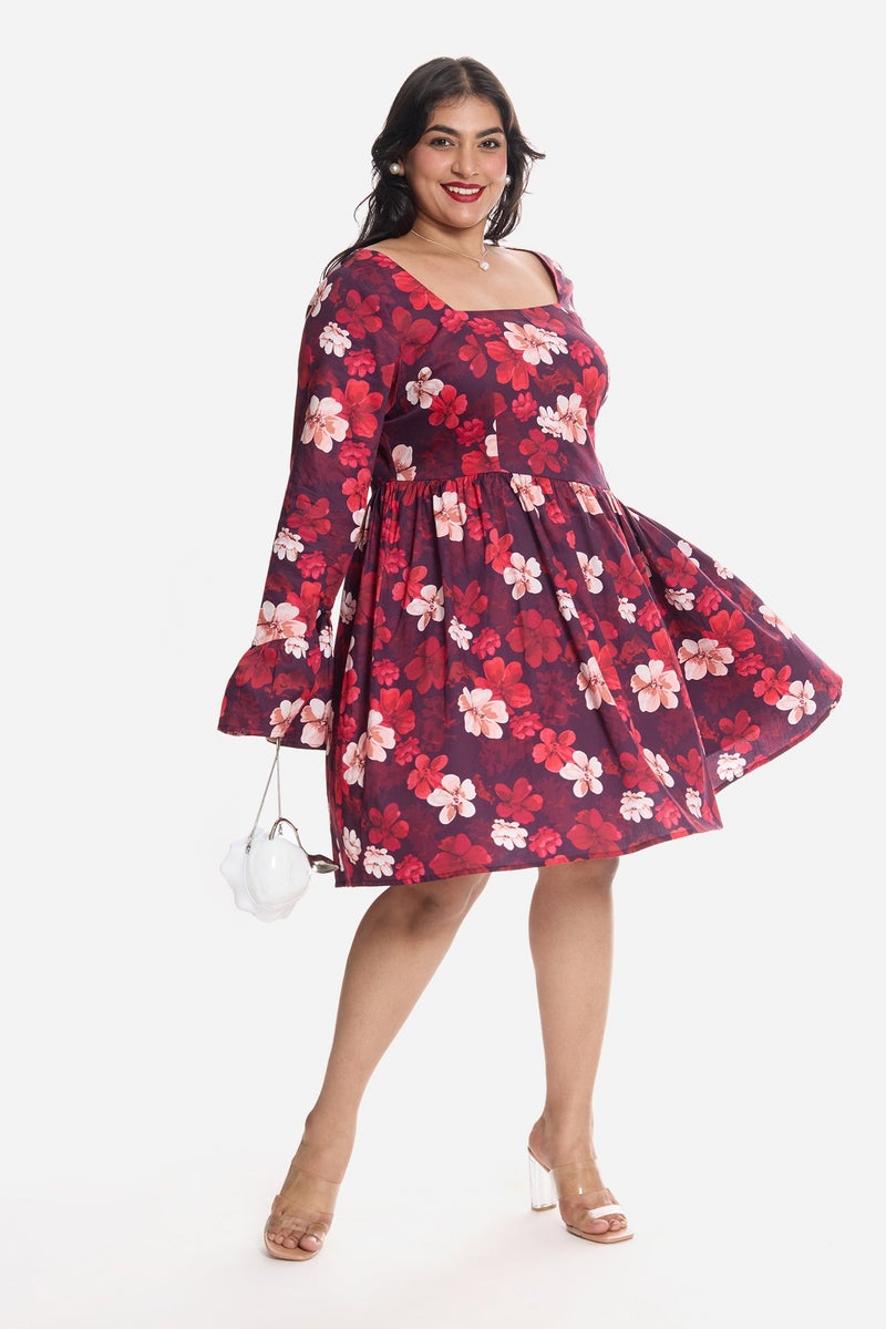 Virgio Floral Cotton Godet Mini Plus Size Dress With Puff Sleeves for Women - Image 1