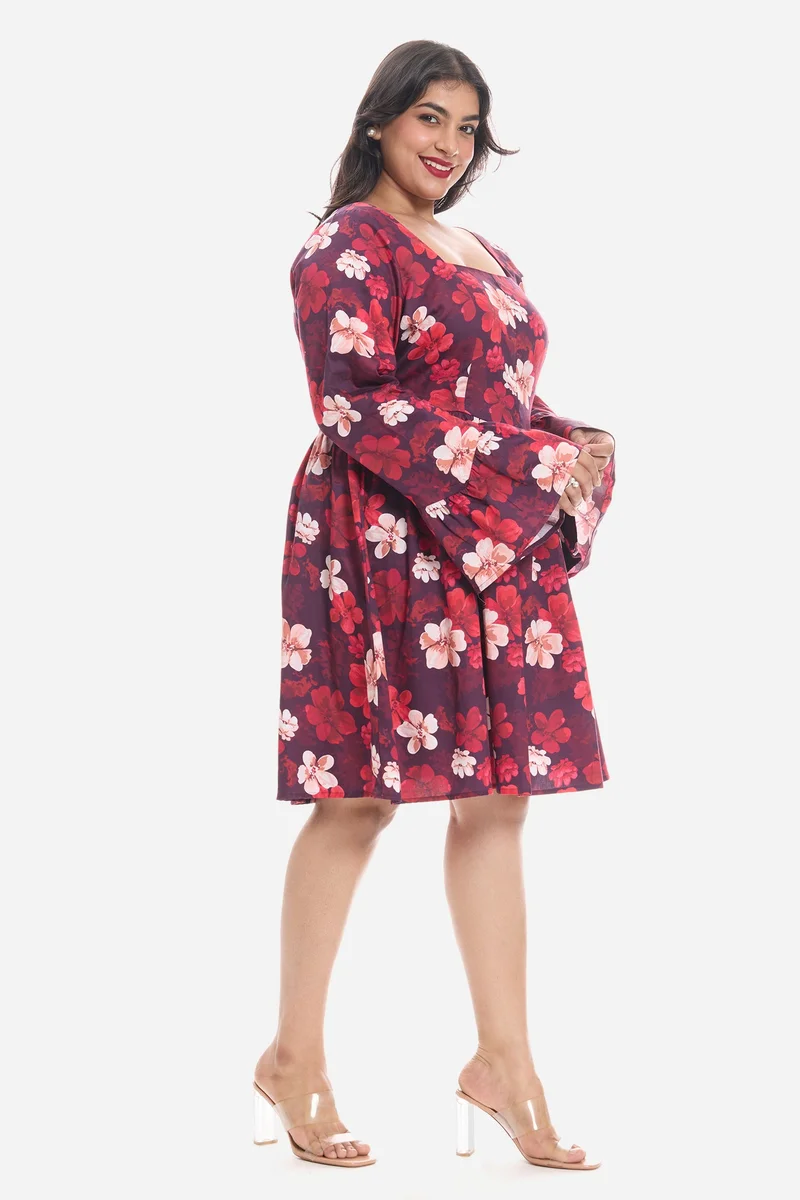 Virgio Multi Floral Cotton Godet Mini Plus Size Dress With Puff Sleeves for Women for Women | Best Price UAE