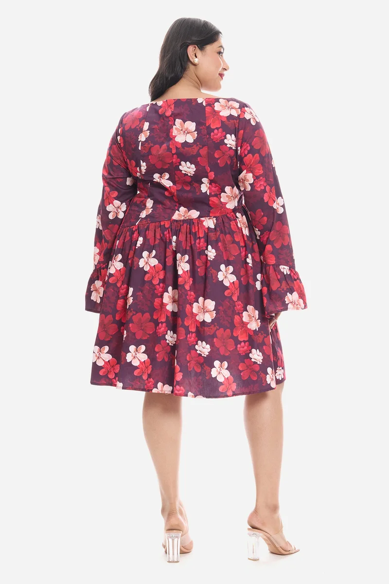 Virgio Multi Floral Cotton Godet Mini Plus Size Dress With Puff Sleeves for Women for Women | Best Price UAE