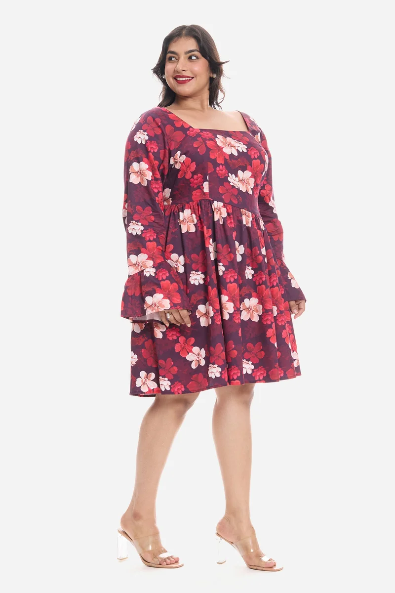 Virgio Multi Floral Cotton Godet Mini Plus Size Dress With Puff Sleeves for Women for Women | Best Price UAE