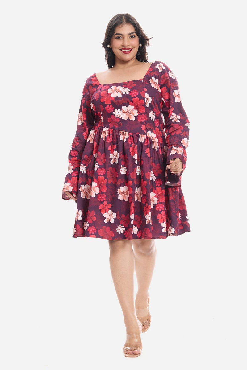 Virgio Floral Cotton Godet Mini Plus Size Dress With Puff Sleeves for Women - Image 2