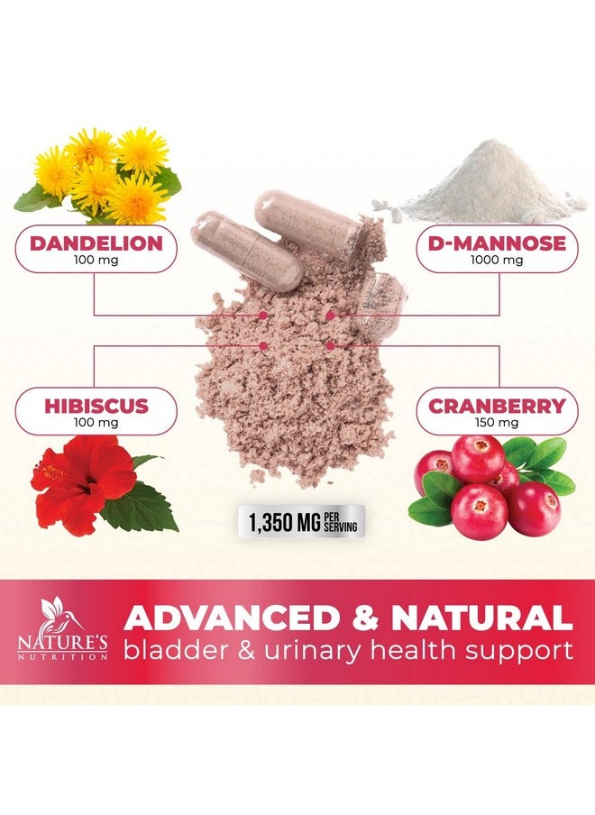 Nature's Nutrition - DMannose Pills with Cranberry 1350mg Advanced Formula - Effective Natural Bladder, Urinary Tract Health Support, Flush Impurities - D Mannose Supplements for Women & Men, Non-GMO, Vegan - 180 Capsules - Image 1