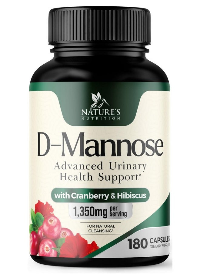 Nature's Nutrition - DMannose Pills with Cranberry 1350mg Advanced Formula - Effective Natural Bladder, Urinary Tract Health Support, Flush Impurities - D Mannose Supplements for Women & Men, Non-GMO, Vegan - 180 Capsules - Image 1