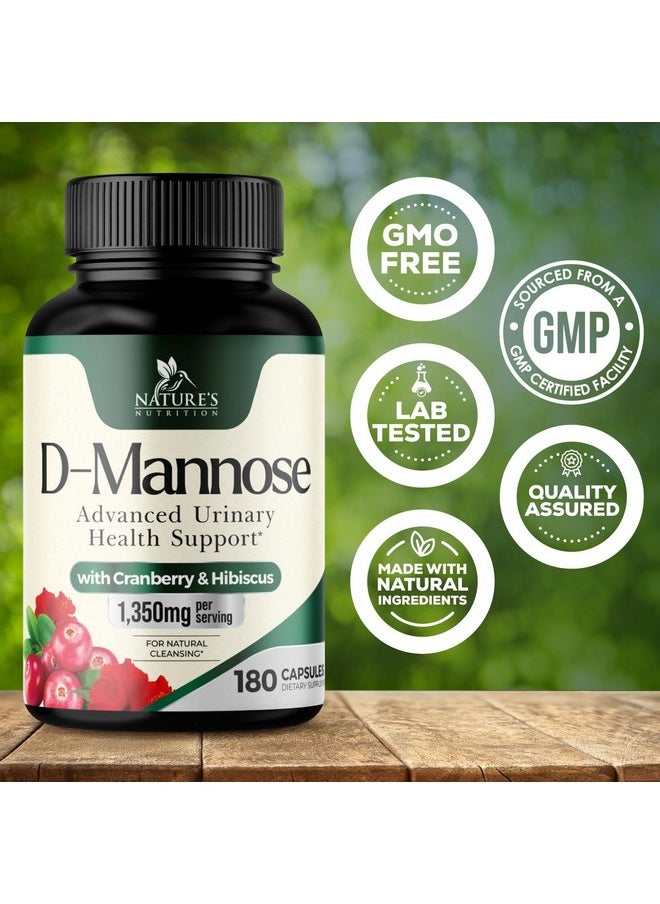 Nature's Nutrition - DMannose Pills with Cranberry 1350mg Advanced Formula - Effective Natural Bladder, Urinary Tract Health Support, Flush Impurities - D Mannose Supplements for Women & Men, Non-GMO, Vegan - 180 Capsules - Image 1