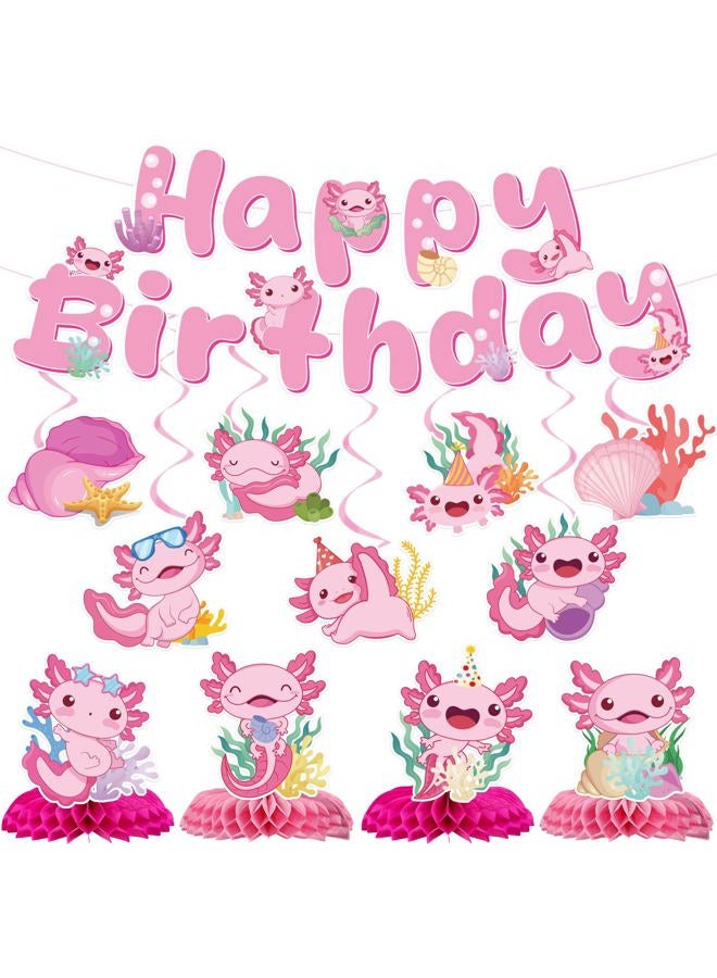 iPartyGo Axolotl Birthday Party Decorations - 12 PCs Pink Cute Cartoon Animals Happy Birthday Banner Ceiling Hanging Swirls Streamer Decor Table Honeycomb Centerpieces Favors for Kids Girls Backdrop - Image 1