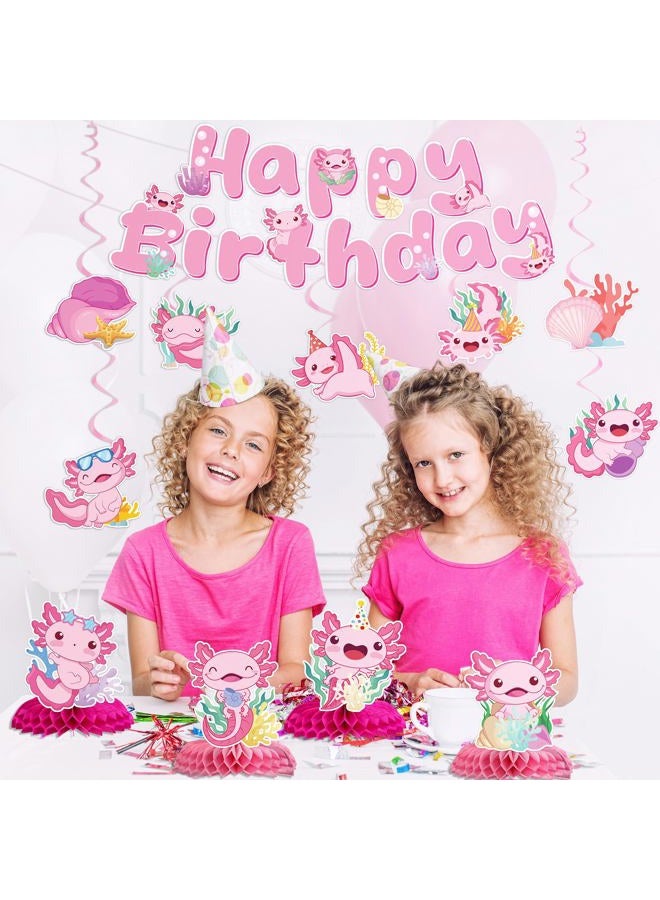 iPartyGo Axolotl Birthday Party Decorations - 12 PCs Pink Cute Cartoon Animals Happy Birthday Banner Ceiling Hanging Swirls Streamer Decor Table Honeycomb Centerpieces Favors for Kids Girls Backdrop - Image 2