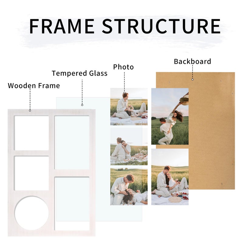 YESKAY 4x6 and 4x4 Collage Picture Frame  Display 5 Openings Photo Frames  Rustic White Wood Frame with Real Glass  Family Picture Frames Wall Decor  1 Pack - Image 3