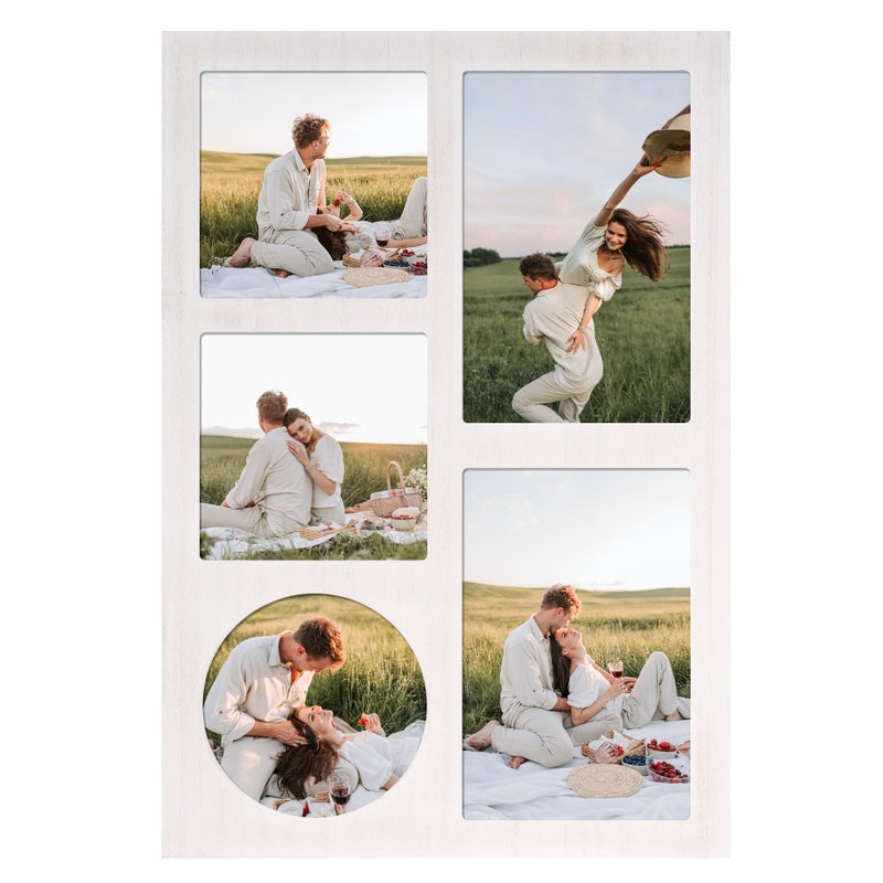 YESKAY 4x6 and 4x4 Collage Picture Frame  Display 5 Openings Photo Frames  Rustic White Wood Frame with Real Glass  Family Picture Frames Wall Decor  1 Pack - Image 1