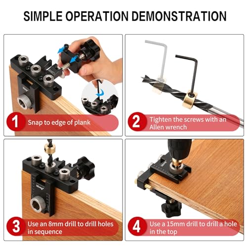 Idong 3-in-1 Dowel Jig Drill Kit, Self Centering Doweling Jig with Drill Guide Punch Locator, Adjustable Width Woodworking Joints Tool with 8/10/15mm Bits for Straight Holes, for Carpentry Project - Image 4