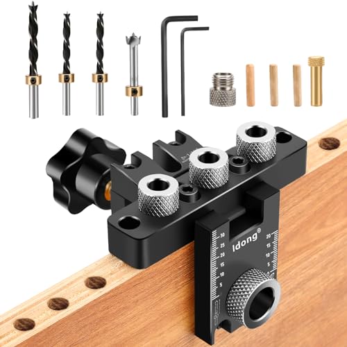 Idong 3-in-1 Dowel Jig Drill Kit, Self Centering Doweling Jig with Drill Guide Punch Locator, Adjustable Width Woodworking Joints Tool with 8/10/15mm Bits for Straight Holes, for Carpentry Project - Image 1