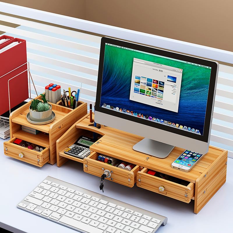 Jolfay Wood Monitor Stand Riser with Storage Compartment and Lockable Storage Drawer,Desk Storage Stand, Versatile as Storage Shelf & Screen Holder for Laptop Computer, Desktop Printer Stand - Image 3