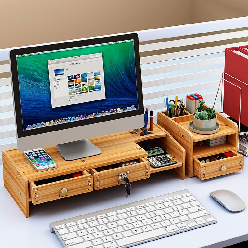 Jolfay Wood Monitor Stand Riser with Storage Compartment and Lockable Storage Drawer,Desk Storage Stand, Versatile as Storage Shelf & Screen Holder for Laptop Computer, Desktop Printer Stand - Image 2