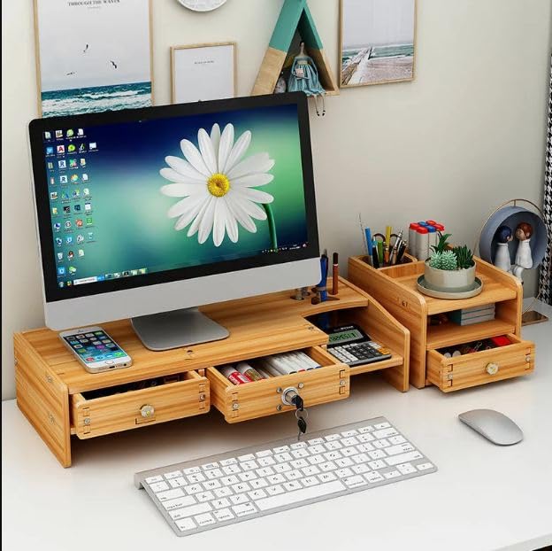 Jolfay Wood Monitor Stand Riser with Storage Compartment and Lockable Storage Drawer,Desk Storage Stand, Versatile as Storage Shelf & Screen Holder for Laptop Computer, Desktop Printer Stand - Image 1