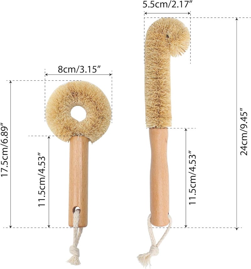 Marsrut 2PCS Coconut Brush Fiber Bottle Wooden Cleaning Brush Scrub Head for Deep Pan Cleaning Washing Sturdy EcoFriendly with Natural Wood Handle Holder Bristle Scrubber Set for Kitchen Dishes Vegetable - Image 3