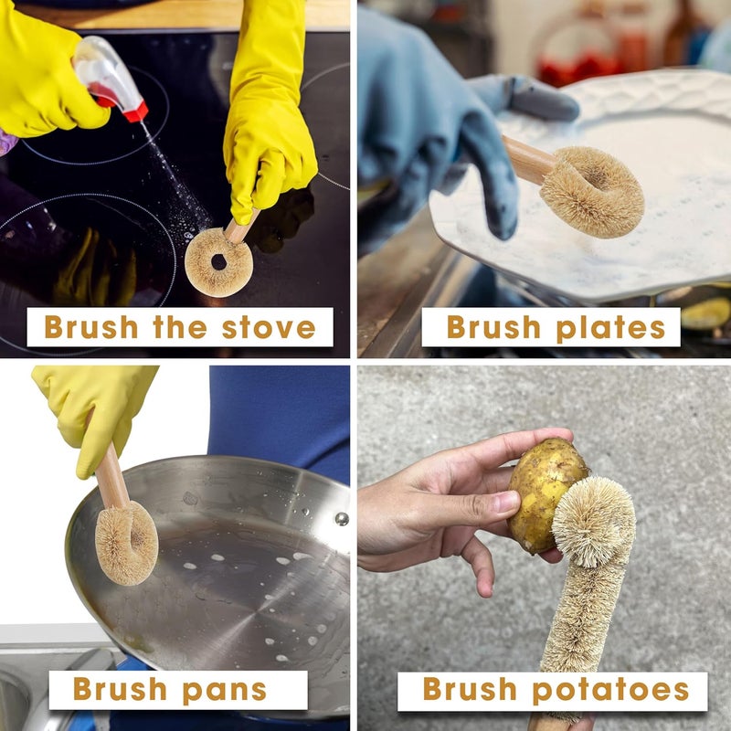 Marsrut 2PCS Coconut Brush Fiber Bottle Wooden Cleaning Brush Scrub Head for Deep Pan Cleaning Washing Sturdy EcoFriendly with Natural Wood Handle Holder Bristle Scrubber Set for Kitchen Dishes Vegetable - Image 5